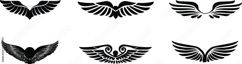 Fototapeta premium Elegant Wing Silhouette Set – Diverse Feather Designs for Fantasy, Tattoo, and Creative Illustrations