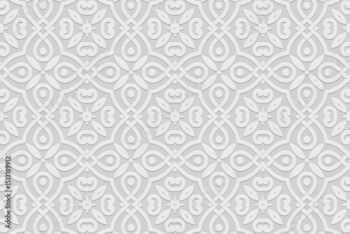 Ethnic white background, cover design, banner, handmade wallpaper, boho. Geometric elegant 3D pattern. Embossed ornaments, arabesques, mandala of the East, Asia, India, Mexico, Aztec, Peru.