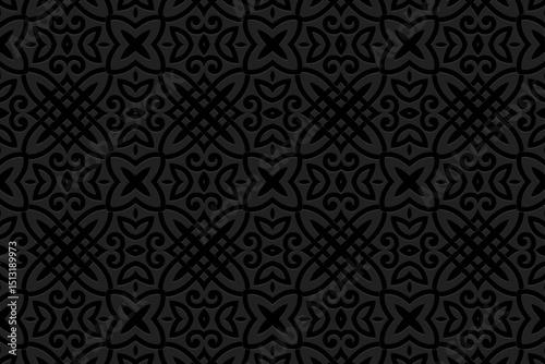 Ethnic black background, cover design, banner, handmade wallpaper, boho. Geometric artistic 3D pattern. Embossed ornaments, arabesques, mandala of the East, Asia, India, Mexico, Aztec, Peru.