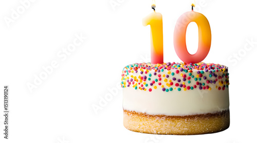 A tenth birthday cake with colorful sprinkles and candles  celebration isolated on transparent background