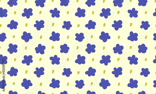 Seamless pattern with simple blue flowers on yellow background. Doodle floral childish wallpaper. Minimal textile, wrapping paper design in retro style. Vector illustration