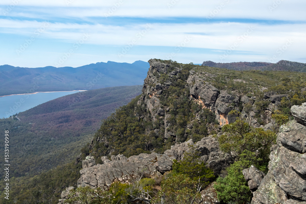 Naklejka premium Panoramic Landscape from the Pinnacle Lookout, Grampians National Park, Victoria, Australia – Eucalypt-Filled Valleys and Sandstone Ranges