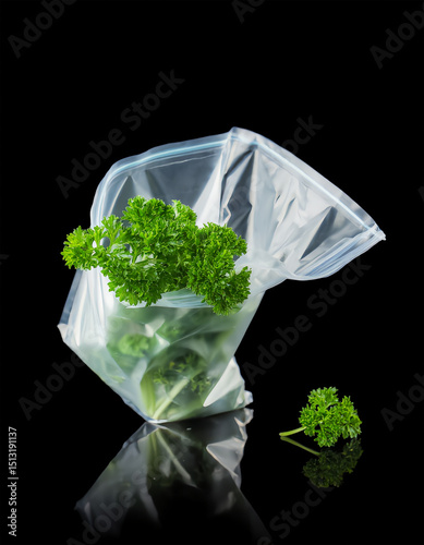 Fresh parsley packed in a clear plastic bag ready for sale at the market showcasing vibrant green colors