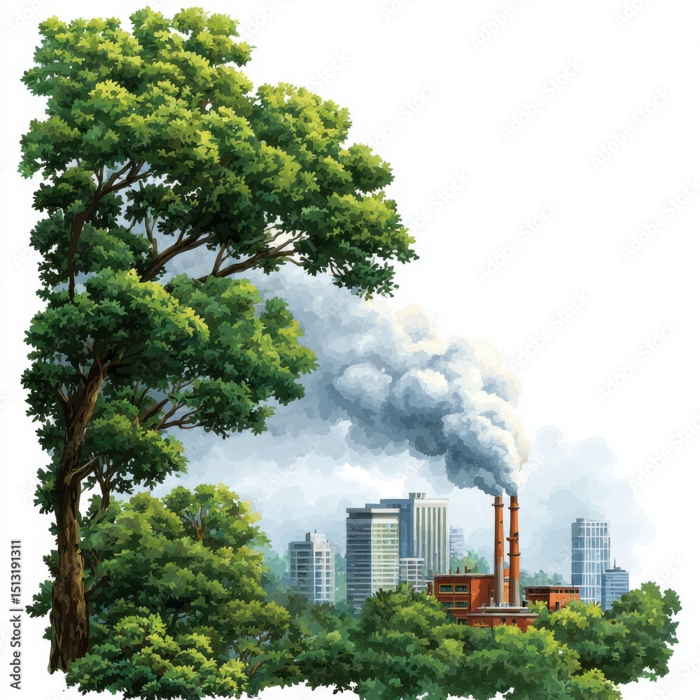 Fototapeta premium Industrial emissions impacting urban nature cityscape digital art pollution aerial view environmental concern