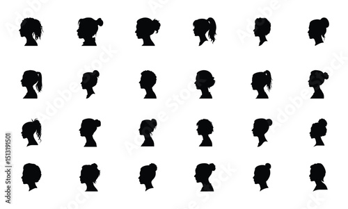 Female head silhouette. Women faces profile portraits, adult female anonymous characters face silhouettes. Girls profiles vector illustration set. Elegant beautiful ladies with hairdo