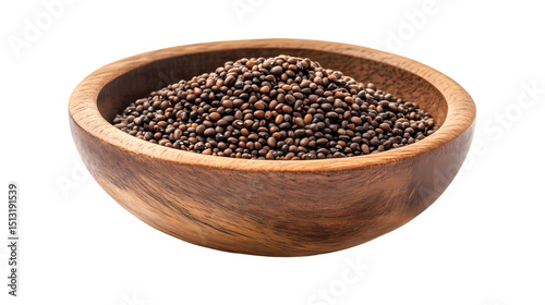Wooden bowl filled with a heap of small dark brown seeds isolated   isolated on transparent background