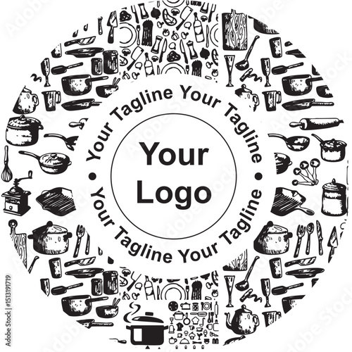 Kitchenware Circle HandDrawn Utensils Cookware and Food Items for Culinary Design