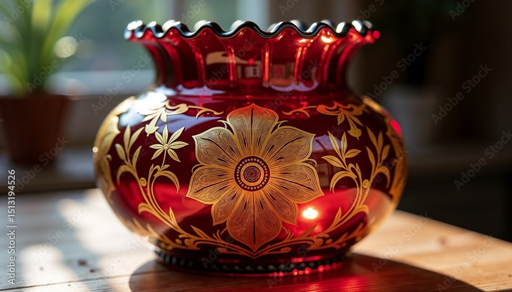 Decorative red glass vase with floral design on wooden table  
