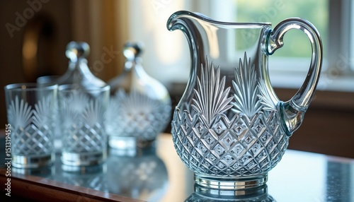 Elegant crystal pitcher with glasses on wooden table in sunlight  