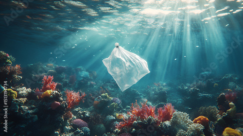 Plastic bag floating underwater in ocean, A plastic bag underwater floating over coral reef full of colorful fish on blue water background, Made by Generative Ai 