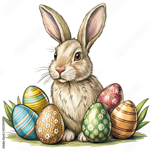 Easter Bunny with Colorful Eggs: Spring Holiday Illustration