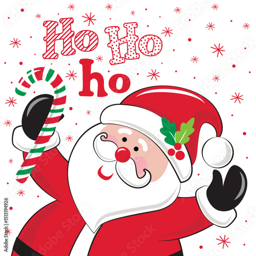 Christmas Whimsical Santa Claus Isolated Pattern with Ho ho ho Text and Candy Cane- Christmas Santa Claus Vector Illustration