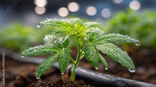Fresh cannabis plant with water droplets glistening