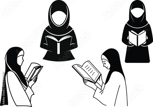 Muslim Women wearing hijab Reading Book Silhouettes set