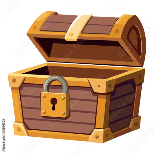 Cartoon Treasure Chest with Golden Hinges, Open Wooden Box, Padlock on White Backdrop