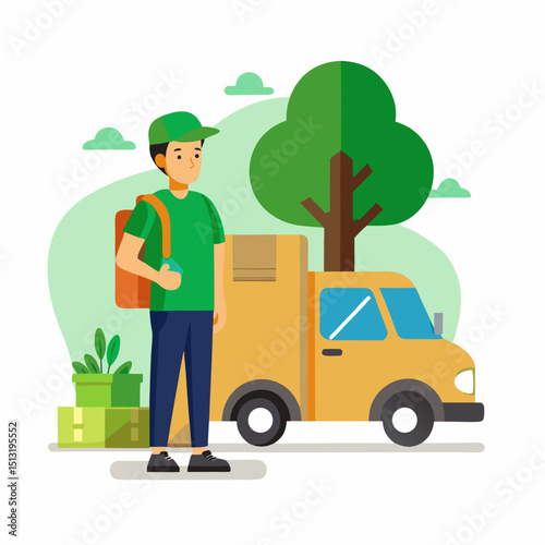 A man points to a delivery van at a delivery hub. Modern illustration, vibrant colors, showcasing logistics and delivery services. Suitable for business and e-commerce