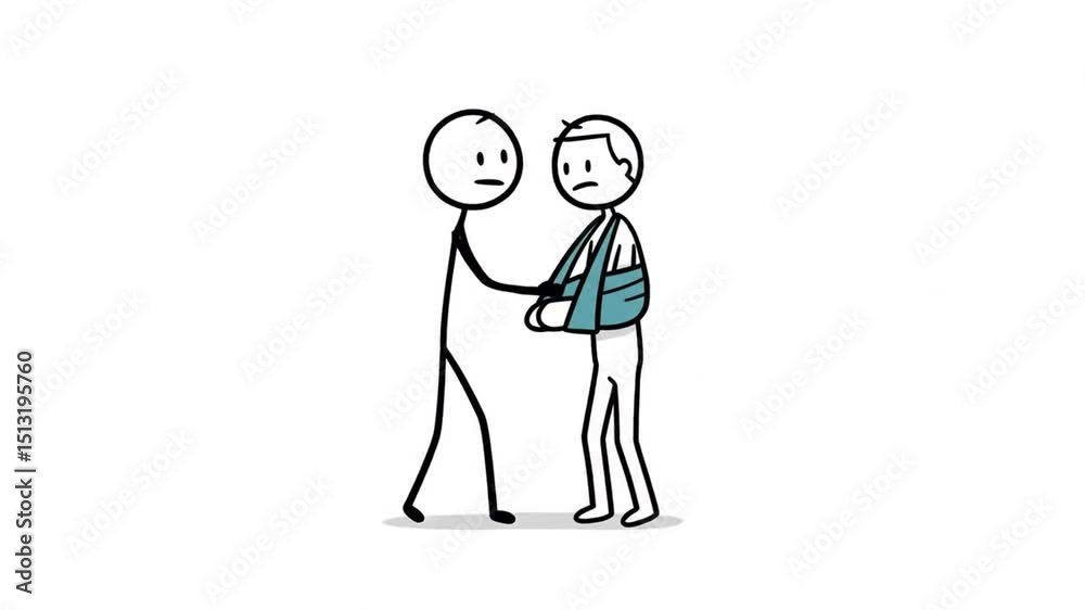 Animated illustration showing one stick figure offering support to another with an arm injury in a sling Animated illustration showing one stick figure offering support to another with an arm injury in a sling