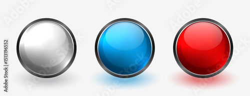 set of circular glossy round buttons in three color