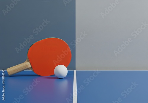 Ping pong paddle and ball on a blue table