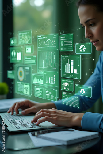 Man analyzing digital data dashboards on laptop with pen