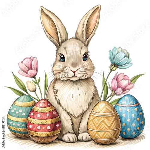 Easter Bunny with Colorful Eggs and Spring Flowers: Perfect for Holiday Greetings