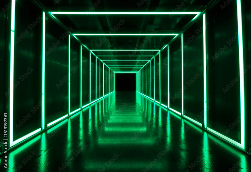 Obraz premium Abstract tunnel with green neon light futuristic neon abstract background.