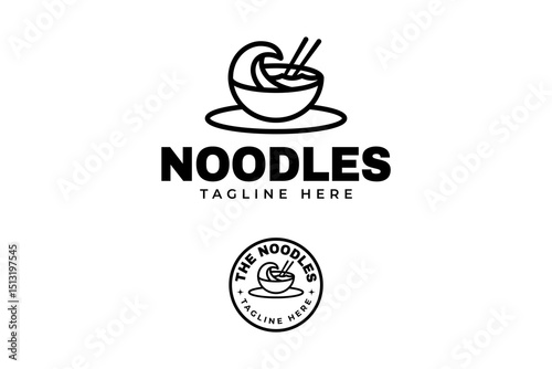 noodle food with wave ocean, chopstick and bowl outline line art illustration badge logo design set for food courts, restaurant, eatery, cafeteria business