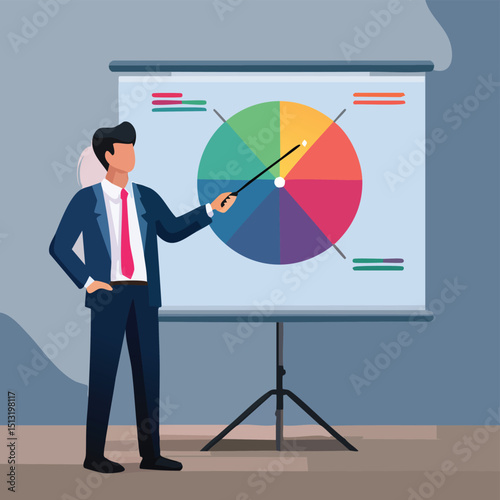 Businessperson analyzing a massive pie chart projected onto the wall with a laser pointer