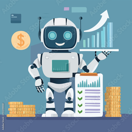 Robot assistant organizing digital ledgers and forecasting profit scenarios