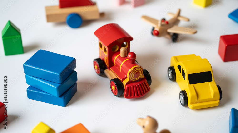 Obraz premium Colorful wooden toy train surrounded by building blocks on white surface