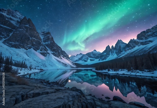 Aurora Borealis Reflecting Over Calm Lake Surrounded by Snow Capped Mountains Under a Starry Night Sky in Winter Wonderland Landscape