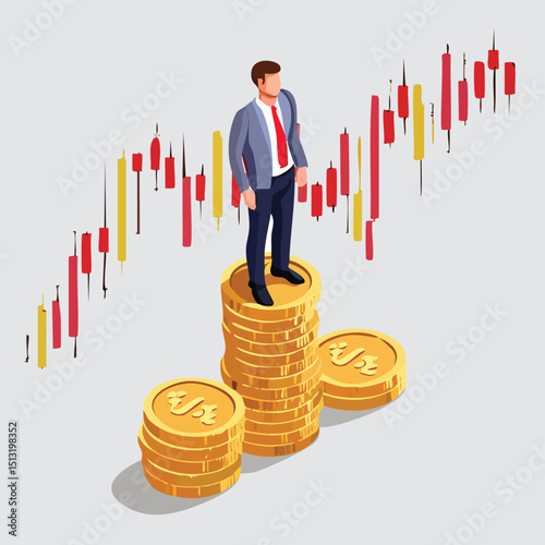 Businessman standing on coins with stock trend lines rising behind Isometric style.