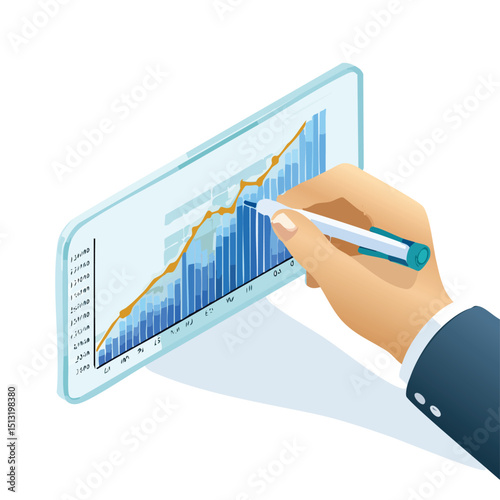 Hand drawing financial graph on transparent screen with marker Isometric style.