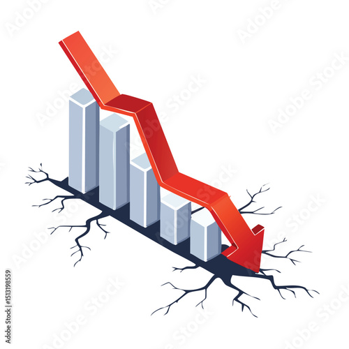 Financial crisis graph with red downward arrow and cracks Isometric style.