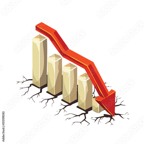 Financial crisis graph with red downward arrow and cracks Isometric style.