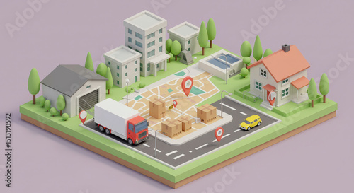 Low-poly Isometric Cityscape with Delivery Truck and Packages
