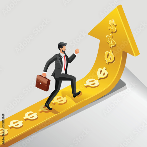 Businessman running on upward arrow with money symbols Isometric style.