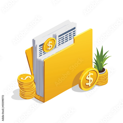 File folder with financial documents and dollar signs Isometric style.