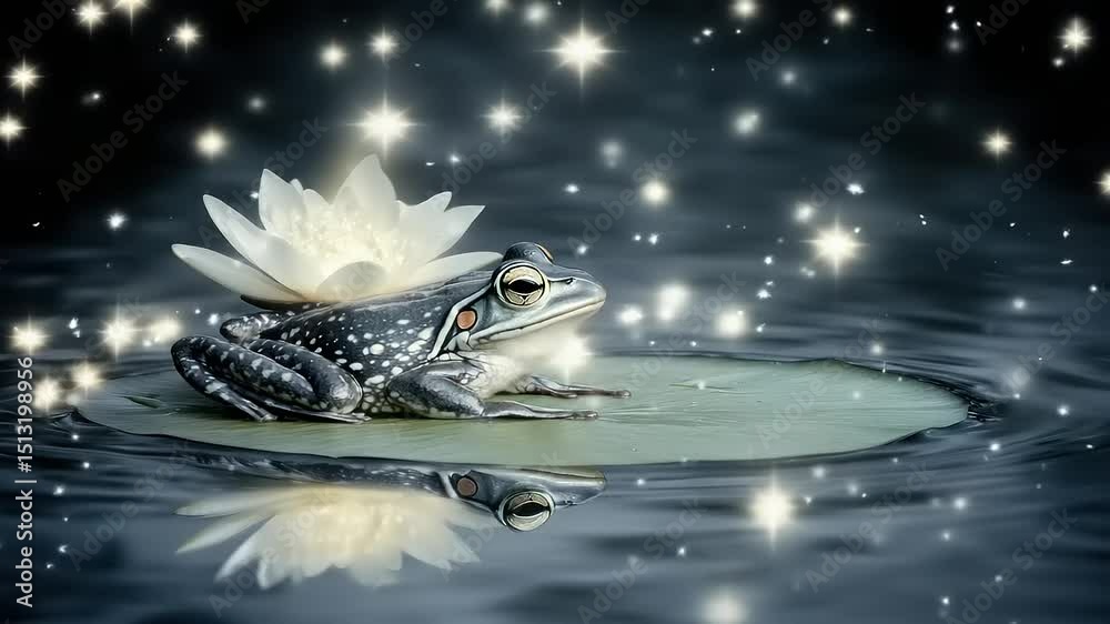 Enchanted Frog on a Lily Pad Under a Starry Night