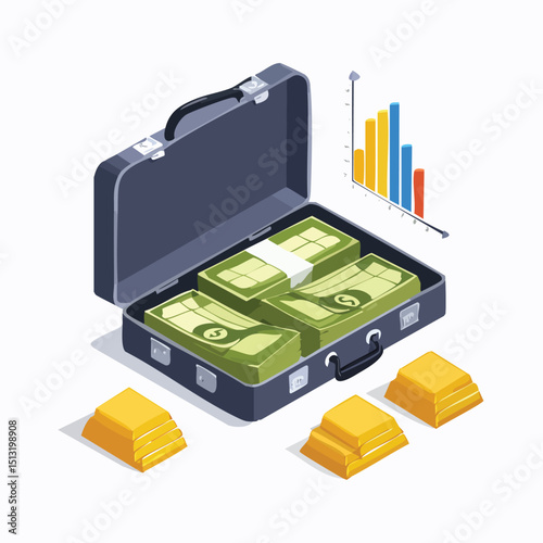 Briefcase opening to reveal cash, gold bars, and charts Isometric style.