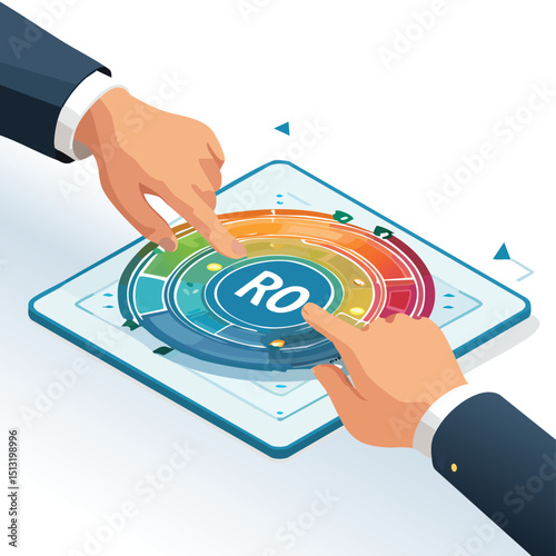 Business hands pointing at holographic ROI diagram Isometric style.