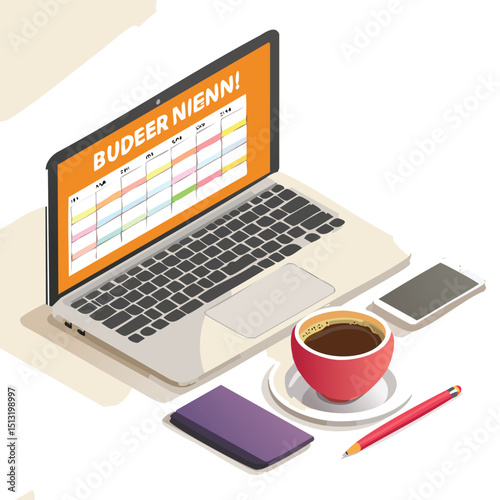Budget planner open on table with coffee and laptop Isometric style.