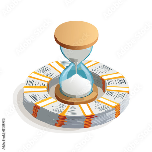 Stack of receipts curling around an hourglass symbolizing time-sensitive financial planning Isometric style.