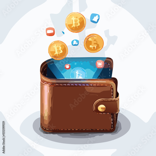 Wallet emitting glowing digital currency and online transaction notifications Isometric style.
