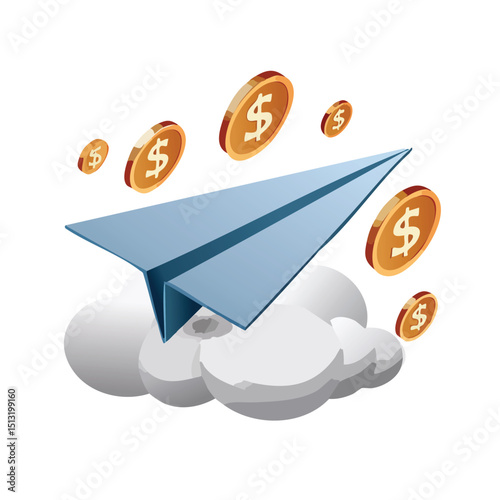 Paper airplane made from a financial statement soaring above clouds of success icons Isometric style.