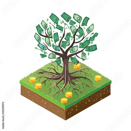 Growing digital tree with banknotes as leaves and coins at the roots Isometric style.