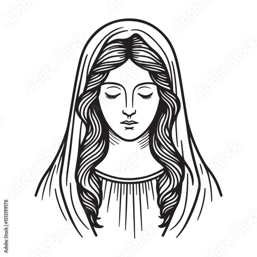 Line art of woman with headscarf or Virgin Mary vector