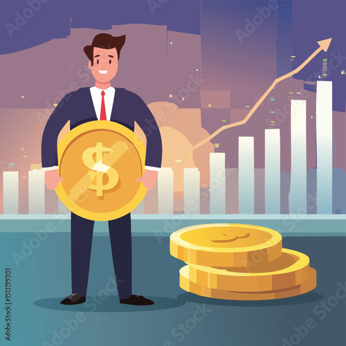 Businessman holding a glowing coin with financial chart in the background