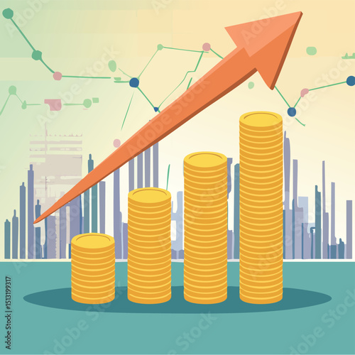 Stacked coins with upward arrow and financial analytics background