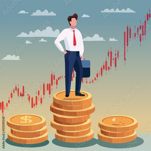 Businessman standing on coins with stock trend lines rising behind